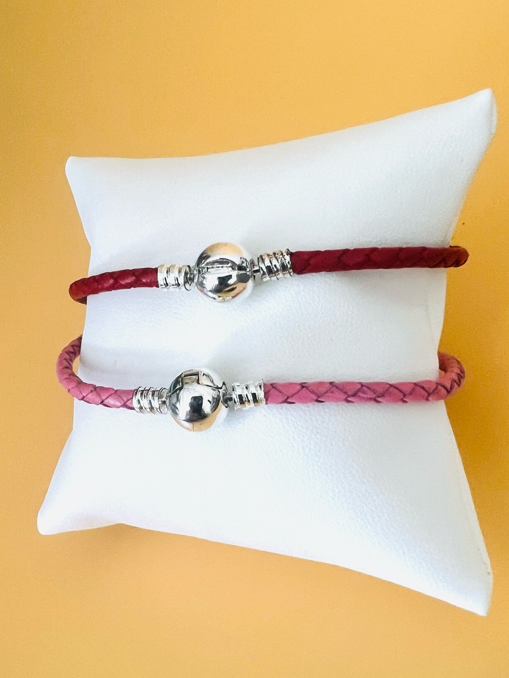 Red and Pink Braided leather Bracelets round silver plated clasp